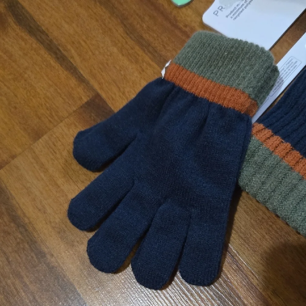Navy Ribbed Beanie, Scarf & Gloves Set KIDS Olive Orange Trim NWT SIZE 10+